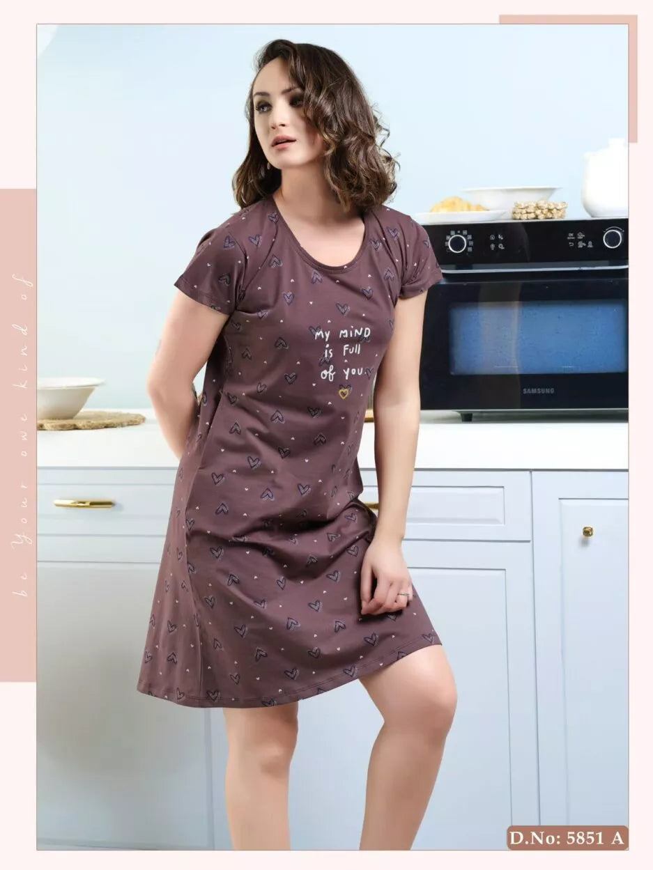 Cotton Lycra Short Sleeve Printed Night Suit for Women 5851 A Teens Lifestyle